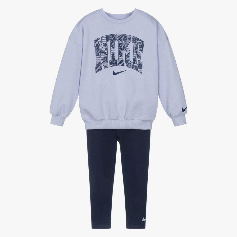 Nike-Girls Blue Jersey Leggings Set with Floral Logo | Childrensalon Outlet
