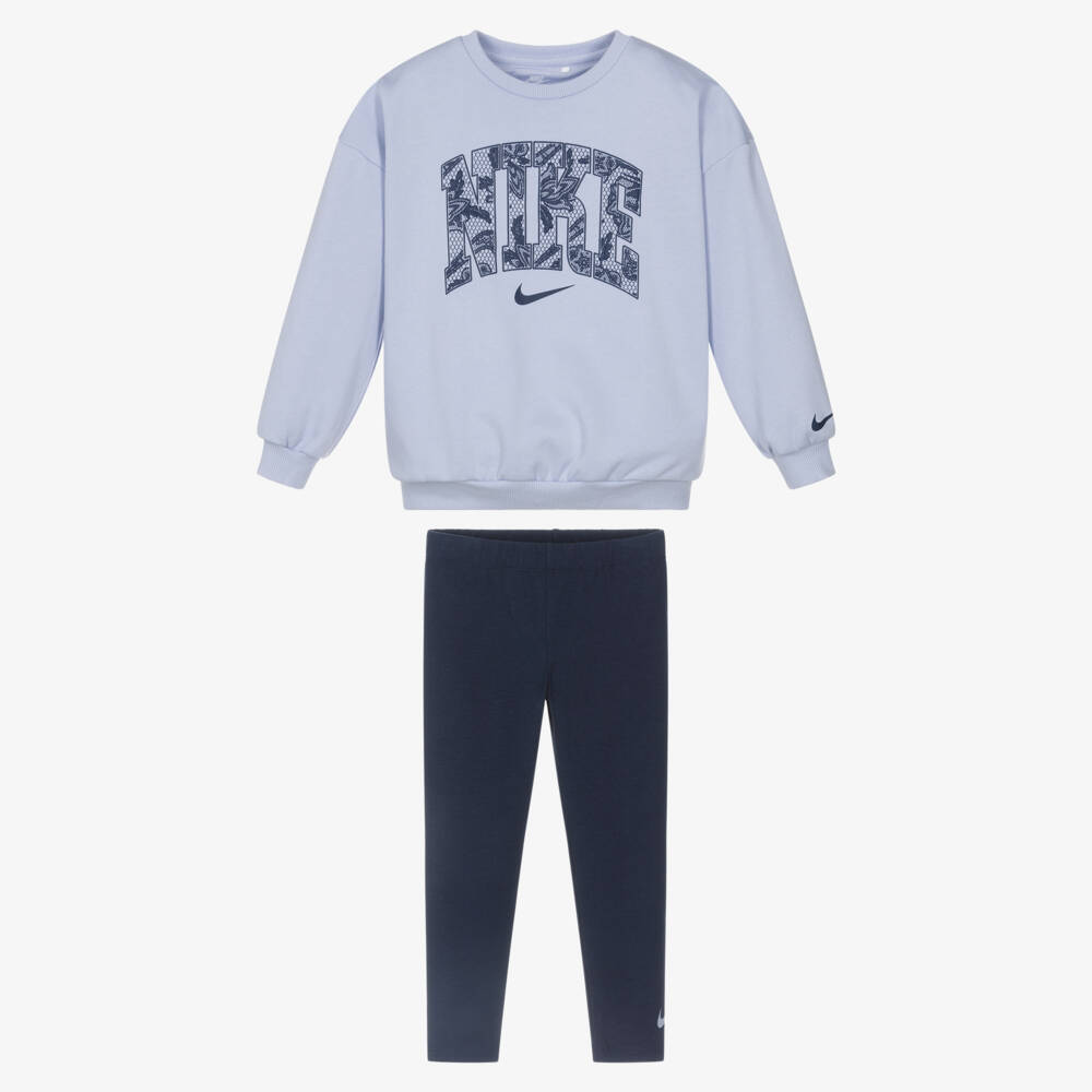 Nike-Girls Blue Jersey Leggings Set with Floral Logo | Childrensalon Outlet