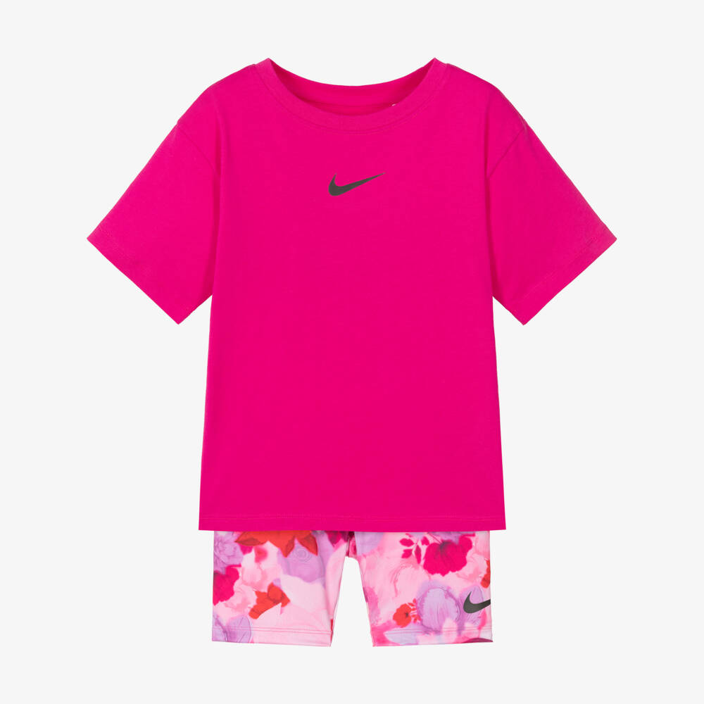 Nike-Girls Bright Pink Floral Cycle Shorts Set | Childrensalon Outlet