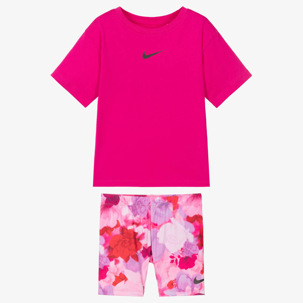 Nike-Girls Bright Pink Floral Cycle Shorts Set | Childrensalon Outlet