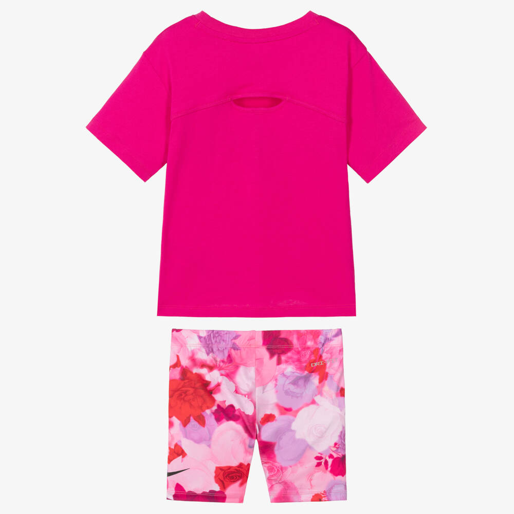 Nike-Girls Bright Pink Floral Cycle Shorts Set | Childrensalon Outlet