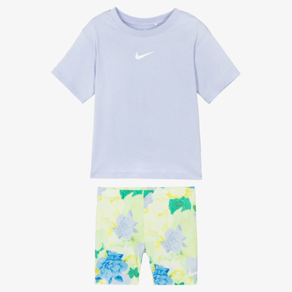 Nike-Girls Lilac & Green Floral Cycle Shorts Set | Childrensalon Outlet