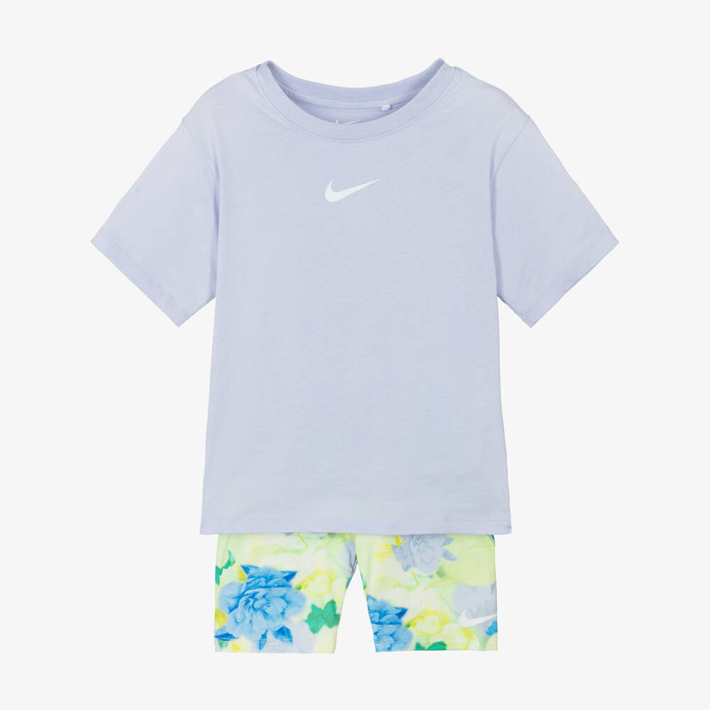 Nike-Girls Lilac & Green Floral Cycle Shorts Set | Childrensalon Outlet