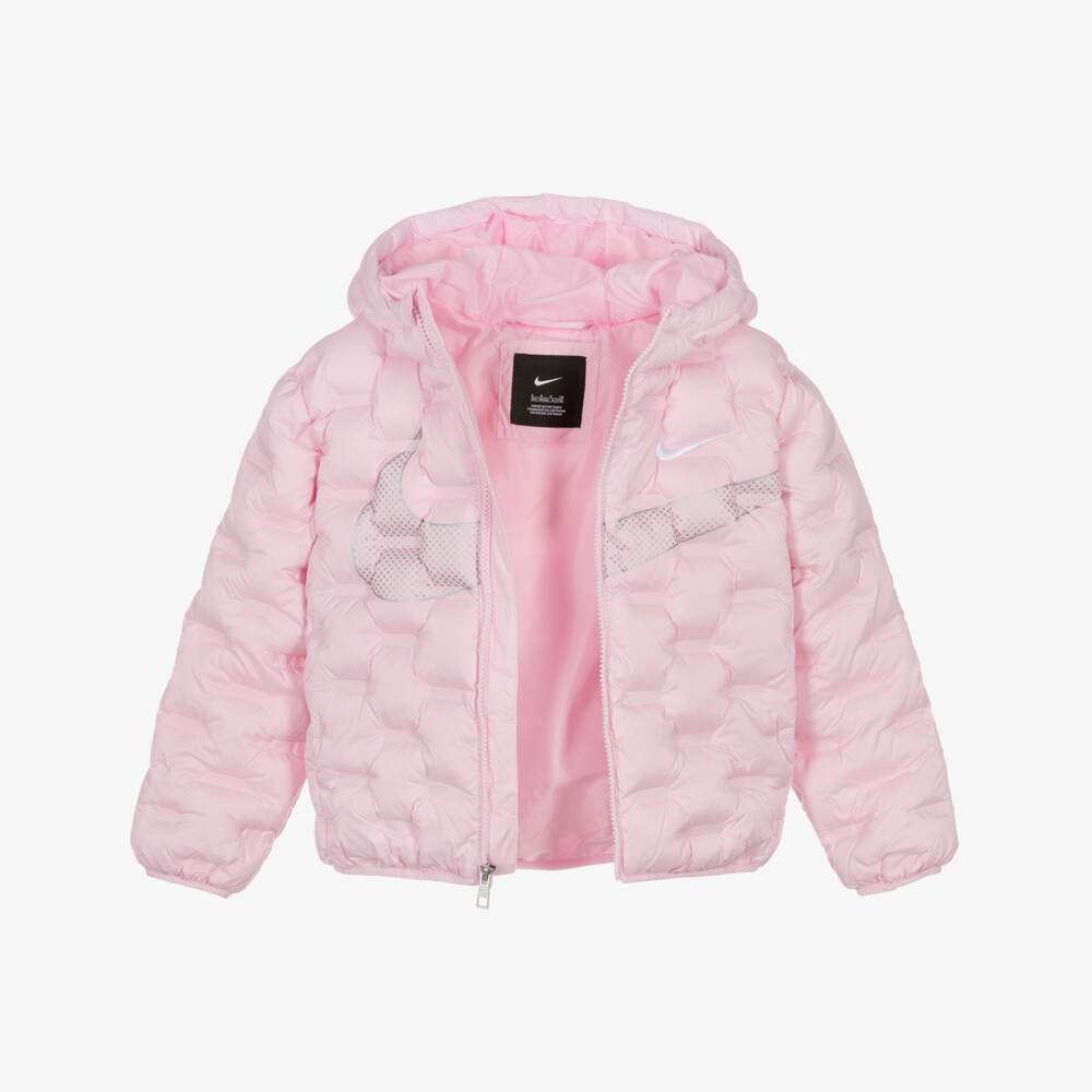 Nike-Girls Pale Pink Textured Puffered Jacket with Swoosh Logo | Childrensalon Outlet