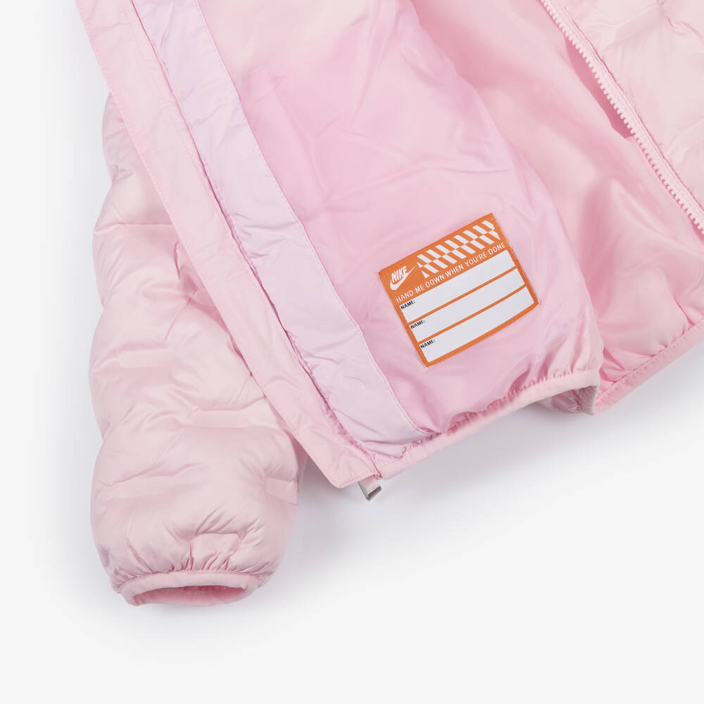 Nike-Girls Pale Pink Textured Puffered Jacket with Swoosh Logo | Childrensalon Outlet