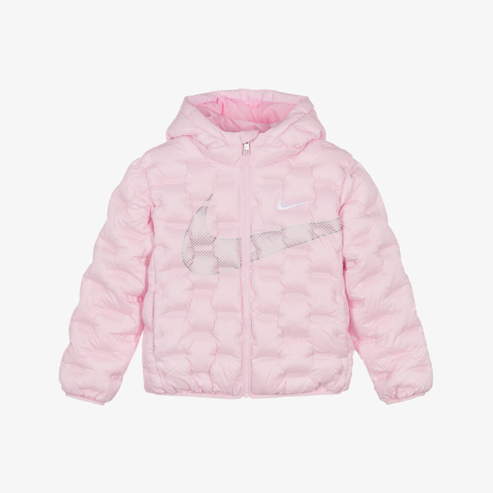 Nike-Girls Pale Pink Textured Puffered Jacket with Swoosh Logo | Childrensalon Outlet