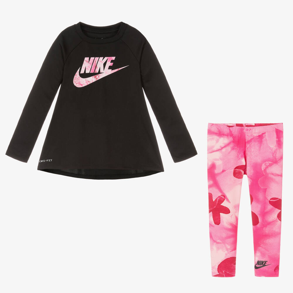Nike-Girls Pink & Black Sports Leggings Set | Childrensalon Outlet