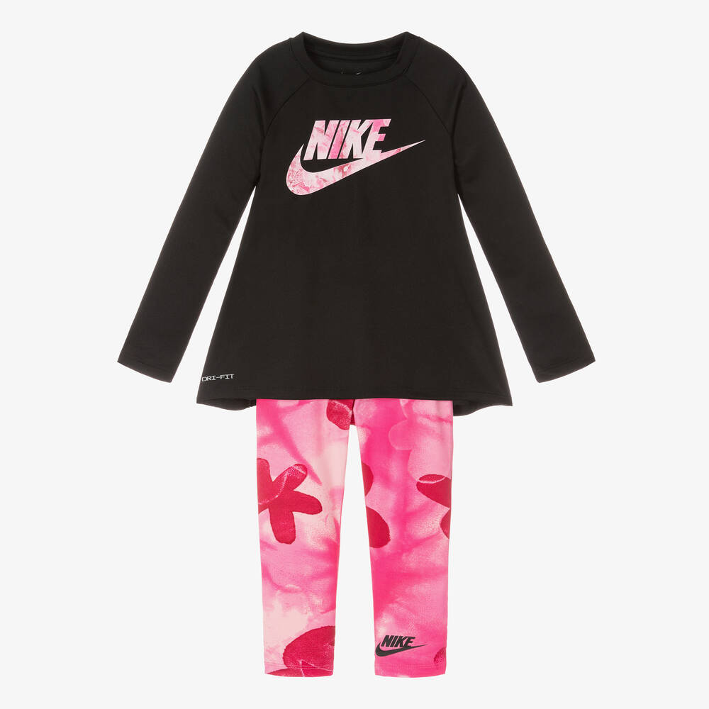 Nike-طقم ليقنز  رياضي جيرسي لون زهري وأسود للبنات | Childrensalon Outlet