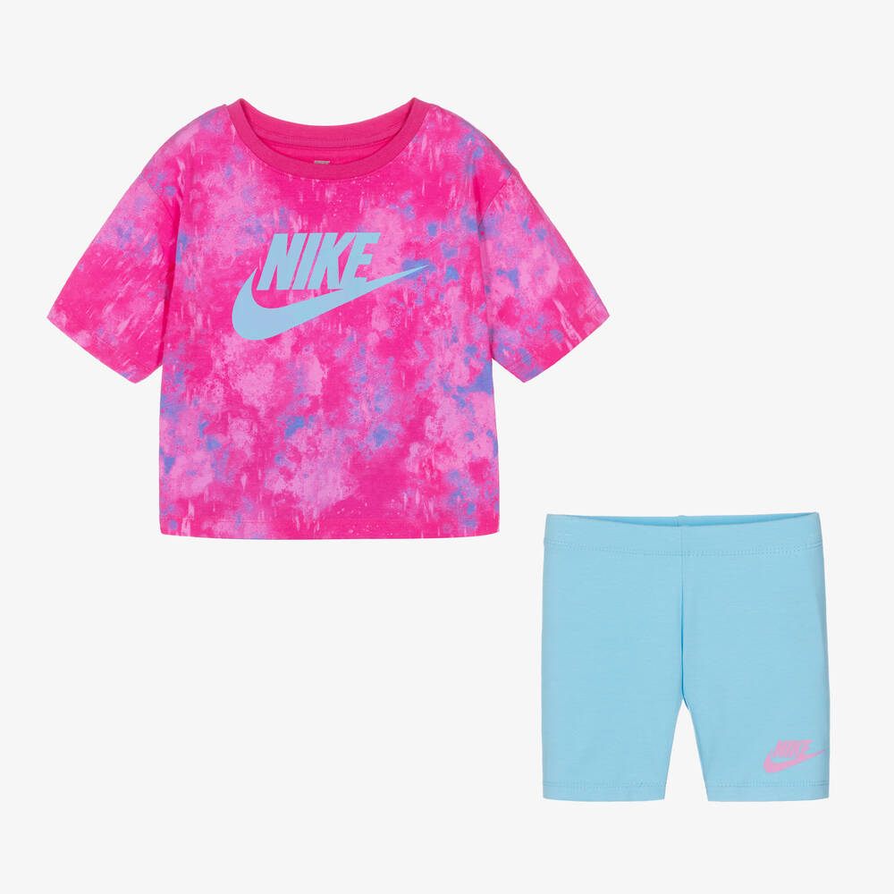 Nike Girls Pink Blue Cotton Shorts Set Childrensalon Outlet