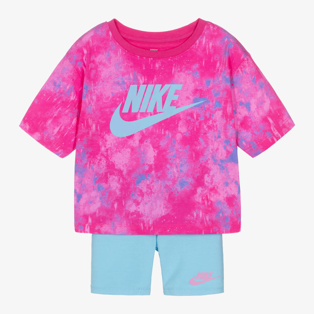 Nike Girls Pink Blue Cotton Shorts Set Childrensalon Outlet
