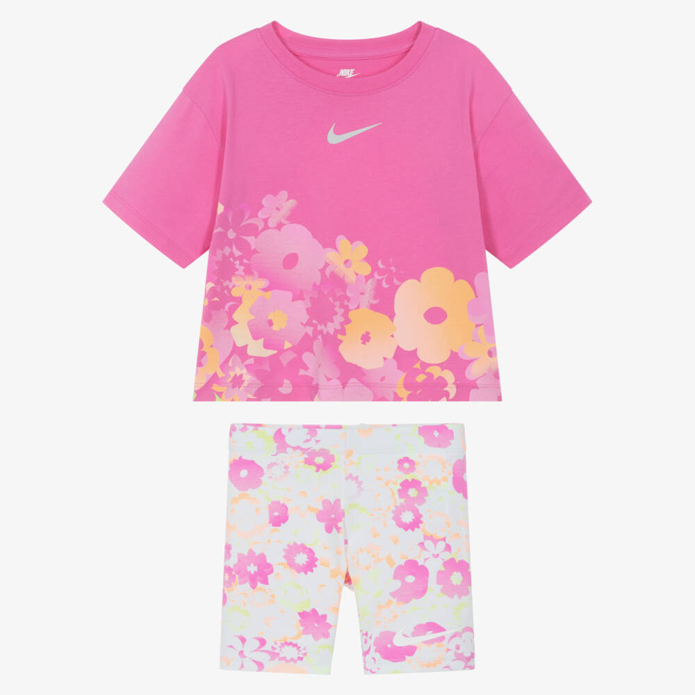Nike-Girls Pink Floral Swoosh Logo Shorts Set | Childrensalon Outlet