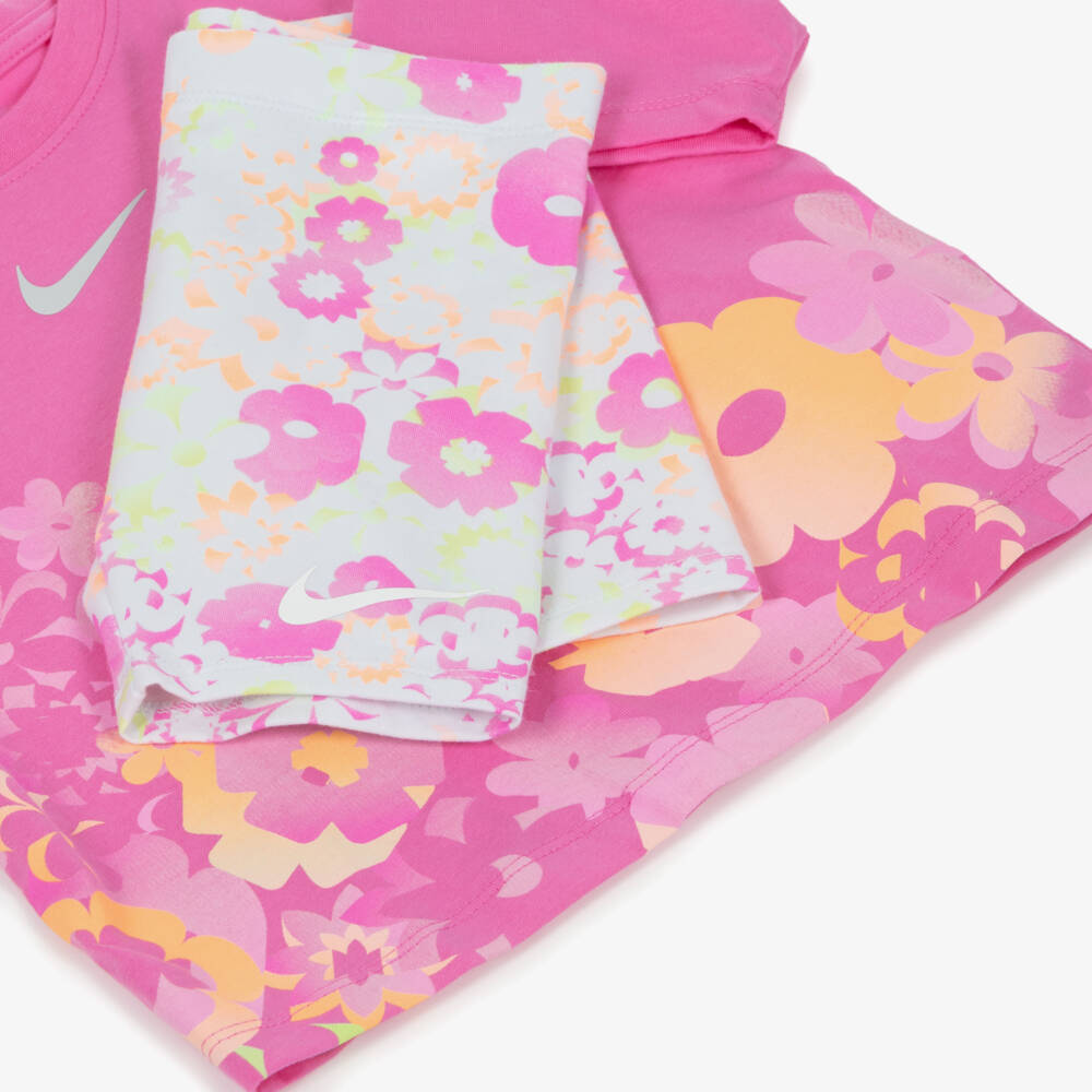 Nike-Girls Pink Floral Swoosh Logo Shorts Set | Childrensalon Outlet
