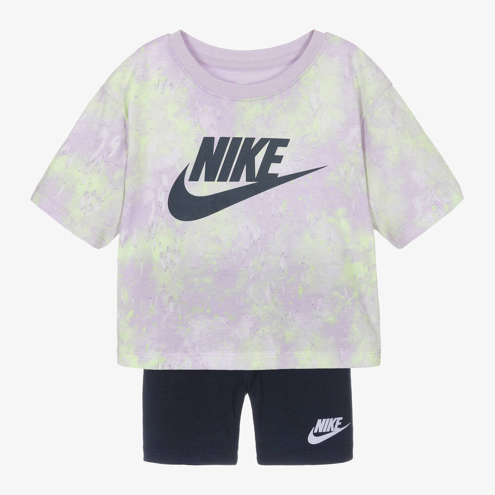 Nike-Girls Purple & Blue Cotton Shorts Set | Childrensalon Outlet