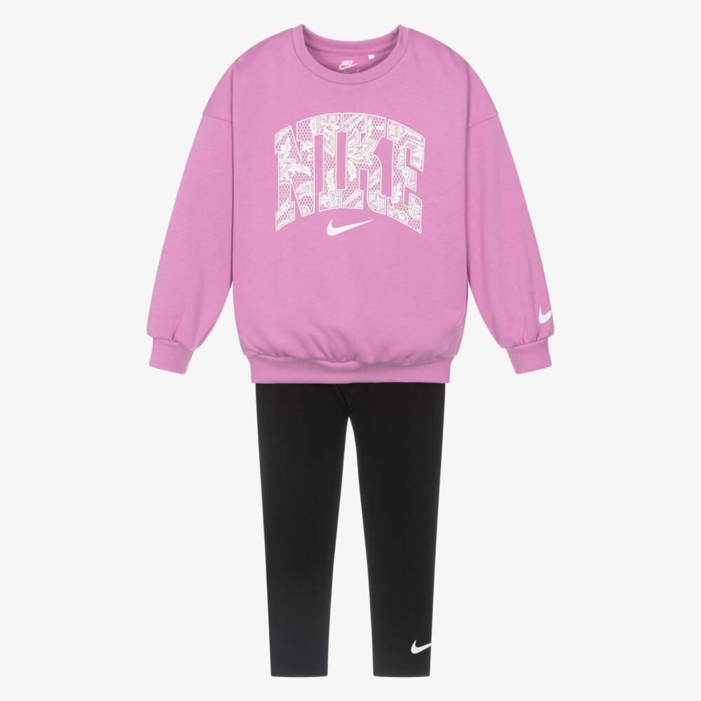 Nike-Girls Purple Jersey Leggings Set with Floral Nike Logo | Childrensalon Outlet