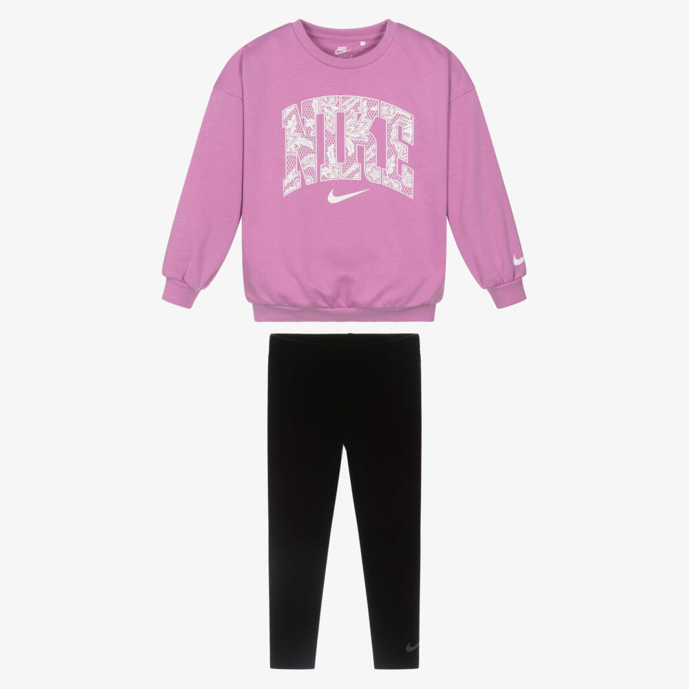 Nike-Girls Purple Jersey Leggings Set with Floral Nike Logo | Childrensalon Outlet
