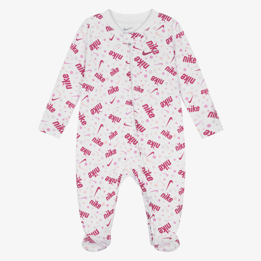 Nike-Girls White & Pink Cotton Babygrow with Swoosh Logos | Childrensalon Outlet