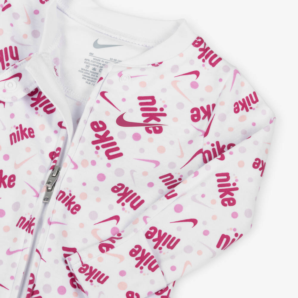 Nike-Girls White & Pink Cotton Babygrow with Swoosh Logos | Childrensalon Outlet