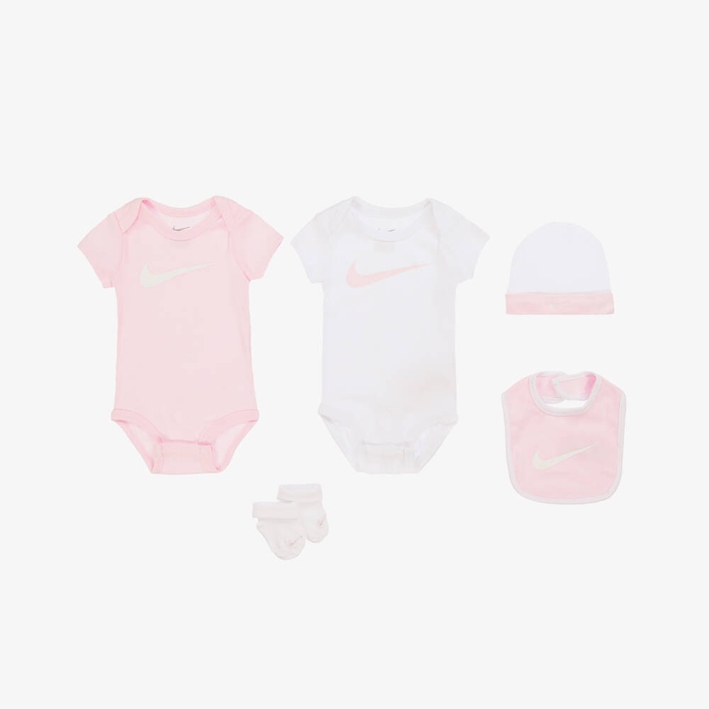 Nike-Pink & White Cotton Swoosh Logo Babysuit Set | Childrensalon Outlet