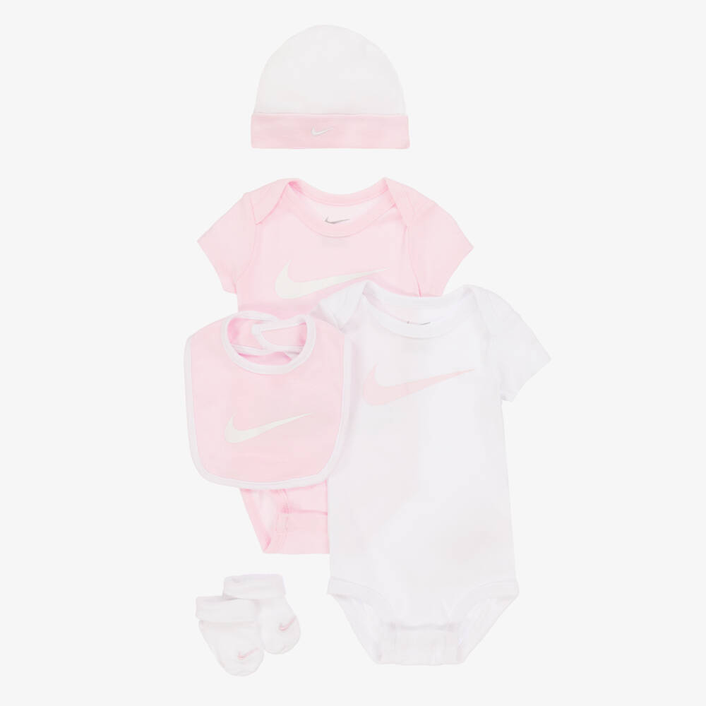 Nike-Pink & White Cotton Swoosh Logo Babysuit Set | Childrensalon Outlet