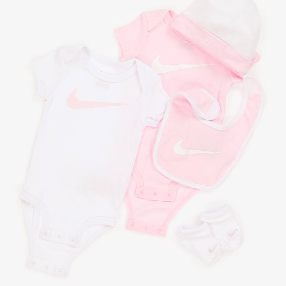 Nike-Pink & White Cotton Swoosh Logo Babysuit Set | Childrensalon Outlet