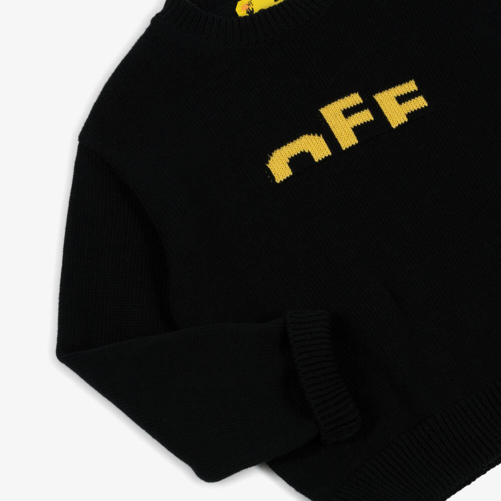 Off-White-Boys Black Cotton Sweater with Yellow Logos | Childrensalon Outlet