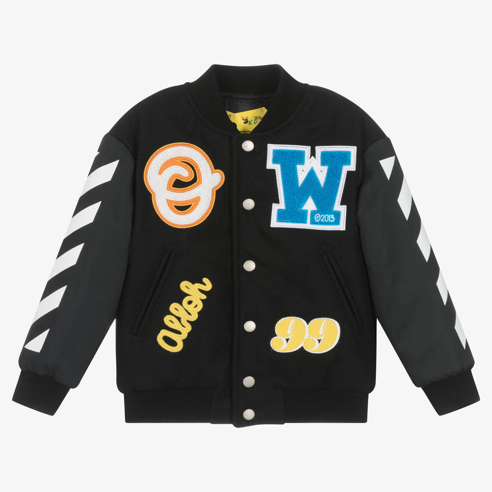 Boys Black Wool Varsity Diagonals Jacket