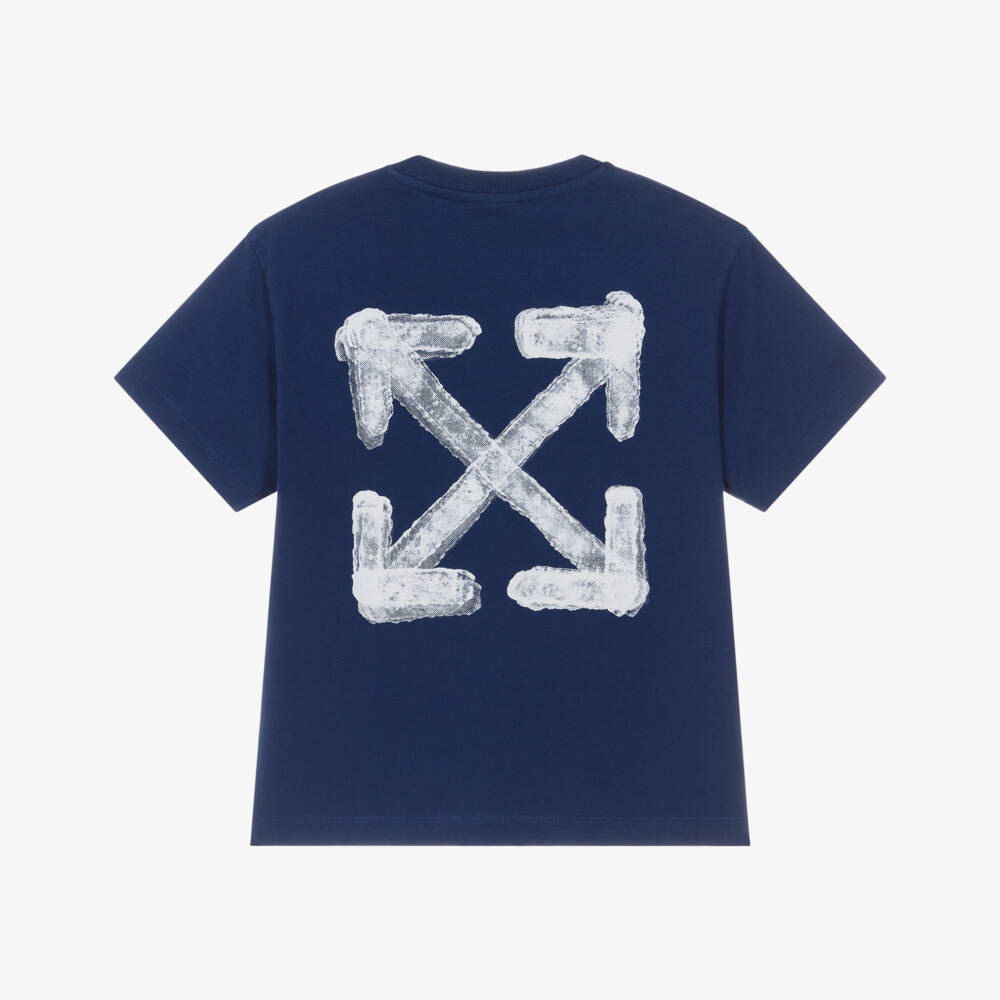 Off-White-Boys Blue Cotton Off & Arrow Sponge Logo T-Shirt | Childrensalon Outlet