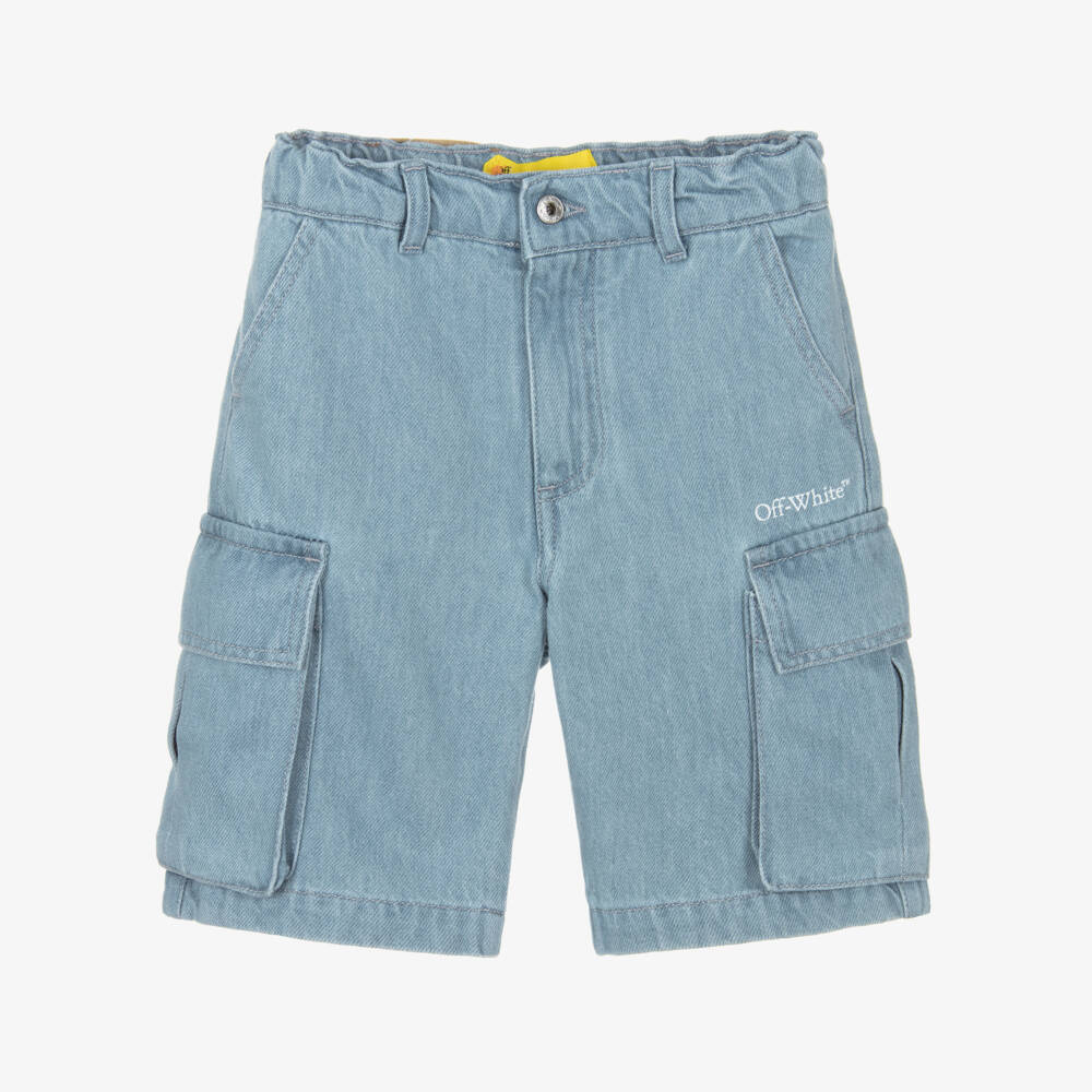 Off-White-Boys Blue Denim Cargo Shorts with Diagonals | Childrensalon Outlet