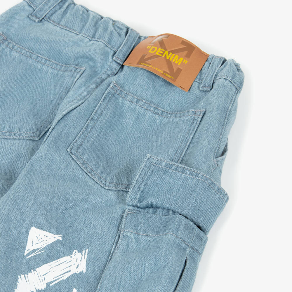 Off-White-Boys Blue Denim Cargo Shorts with Diagonals | Childrensalon Outlet