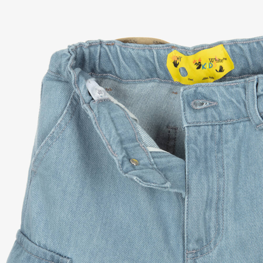 Off-White-Boys Blue Denim Cargo Shorts with Diagonals | Childrensalon Outlet