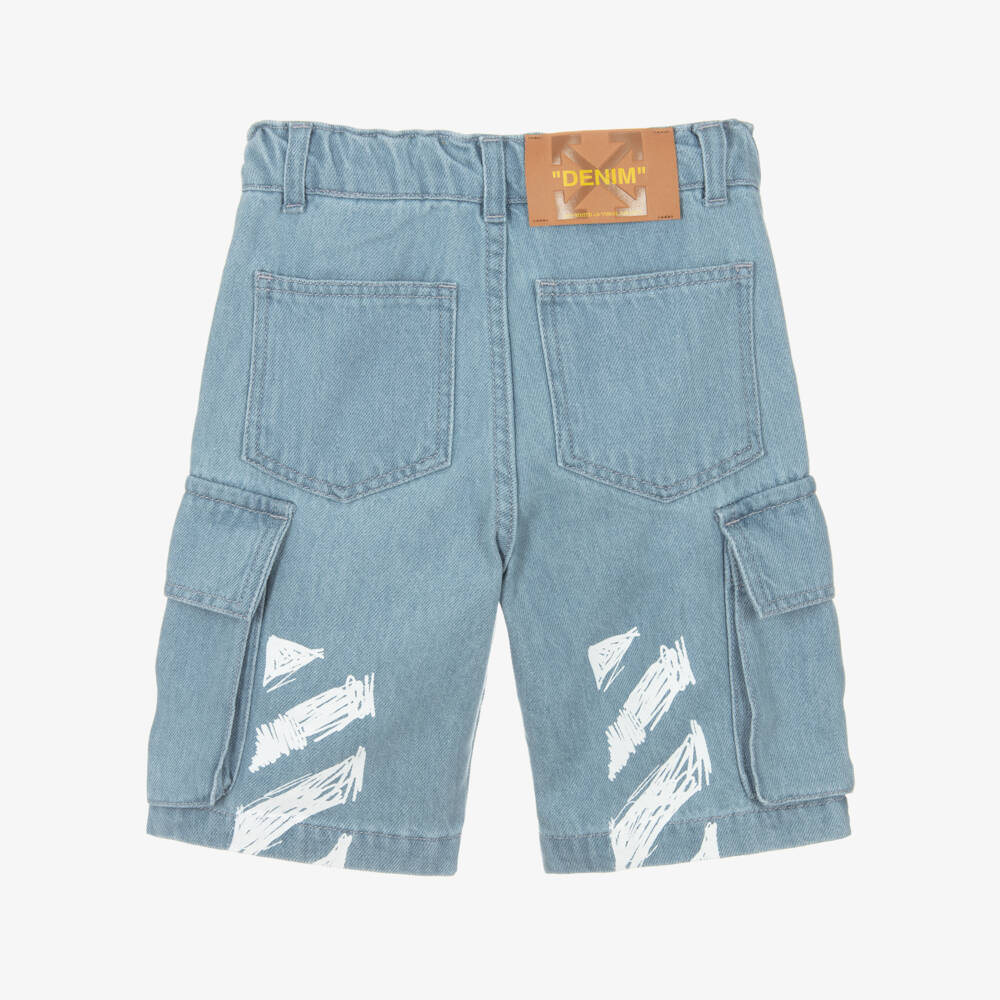 Off-White-Boys Blue Denim Cargo Shorts with Diagonals | Childrensalon Outlet