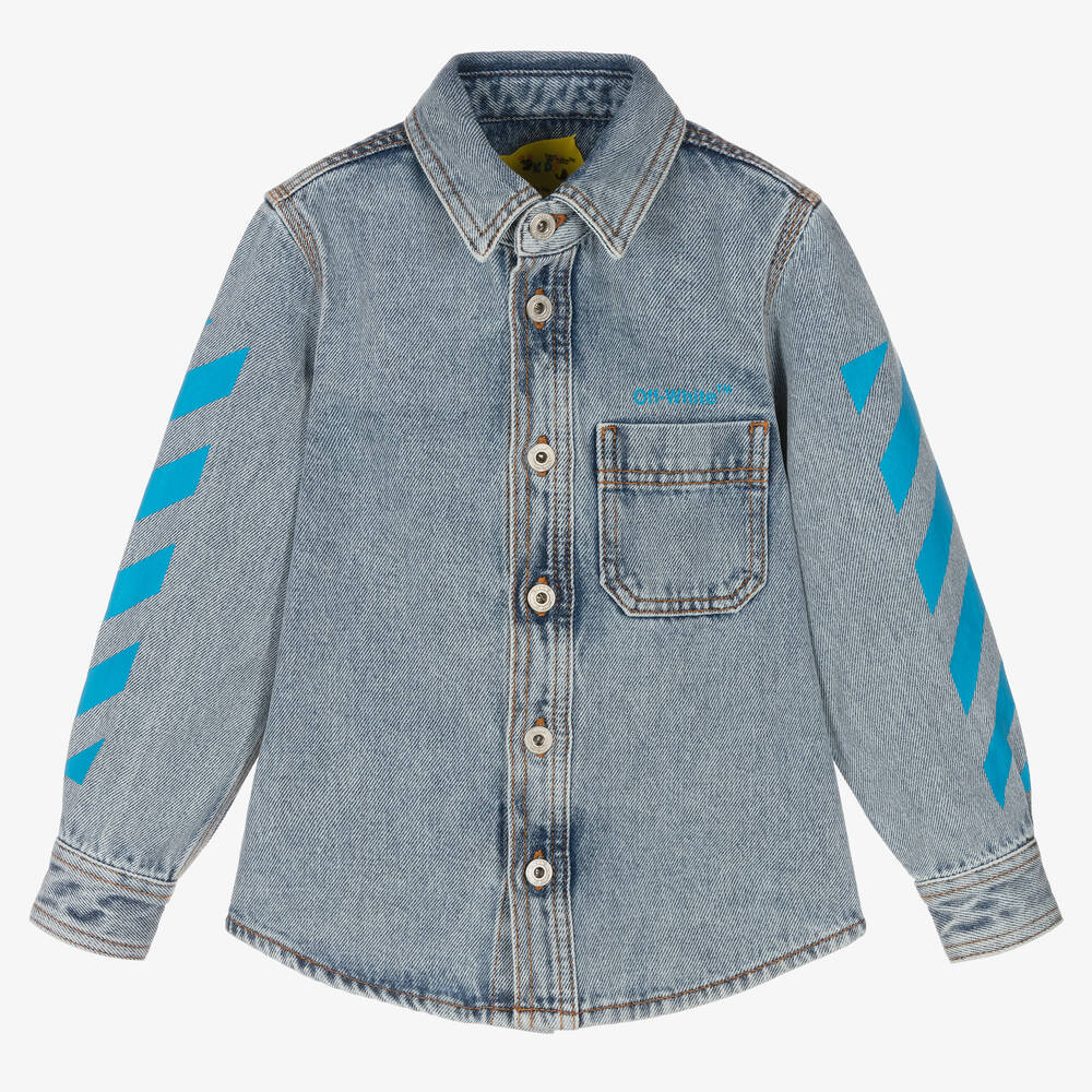 Off-White - Boys Blue Diagonals Denim Shirt | Childrensalon