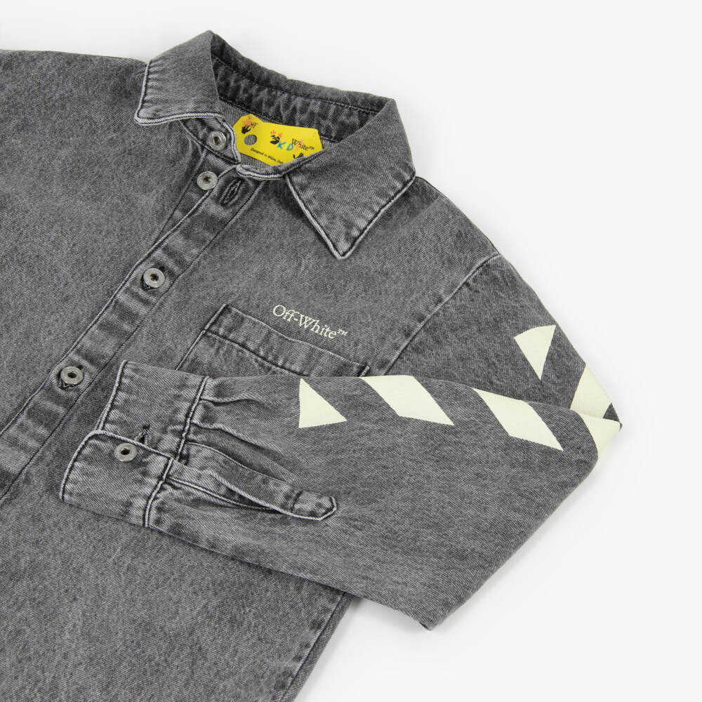 Off-White-Boys Dark Grey Denim Overshirt with Arrows Logo | Childrensalon Outlet