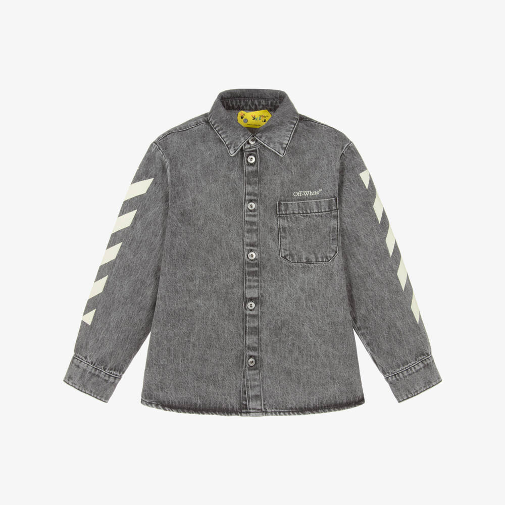 Off-White-Boys Dark Grey Denim Overshirt with Arrows Logo | Childrensalon Outlet