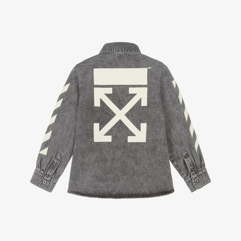 Off-White-Boys Dark Grey Denim Overshirt with Arrows Logo | Childrensalon Outlet