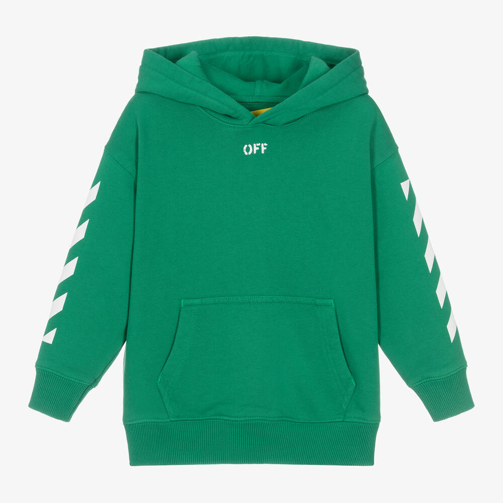 Off-White - Boys Green Cotton Off Stamp & Diagonals Hoodie | Childrensalon