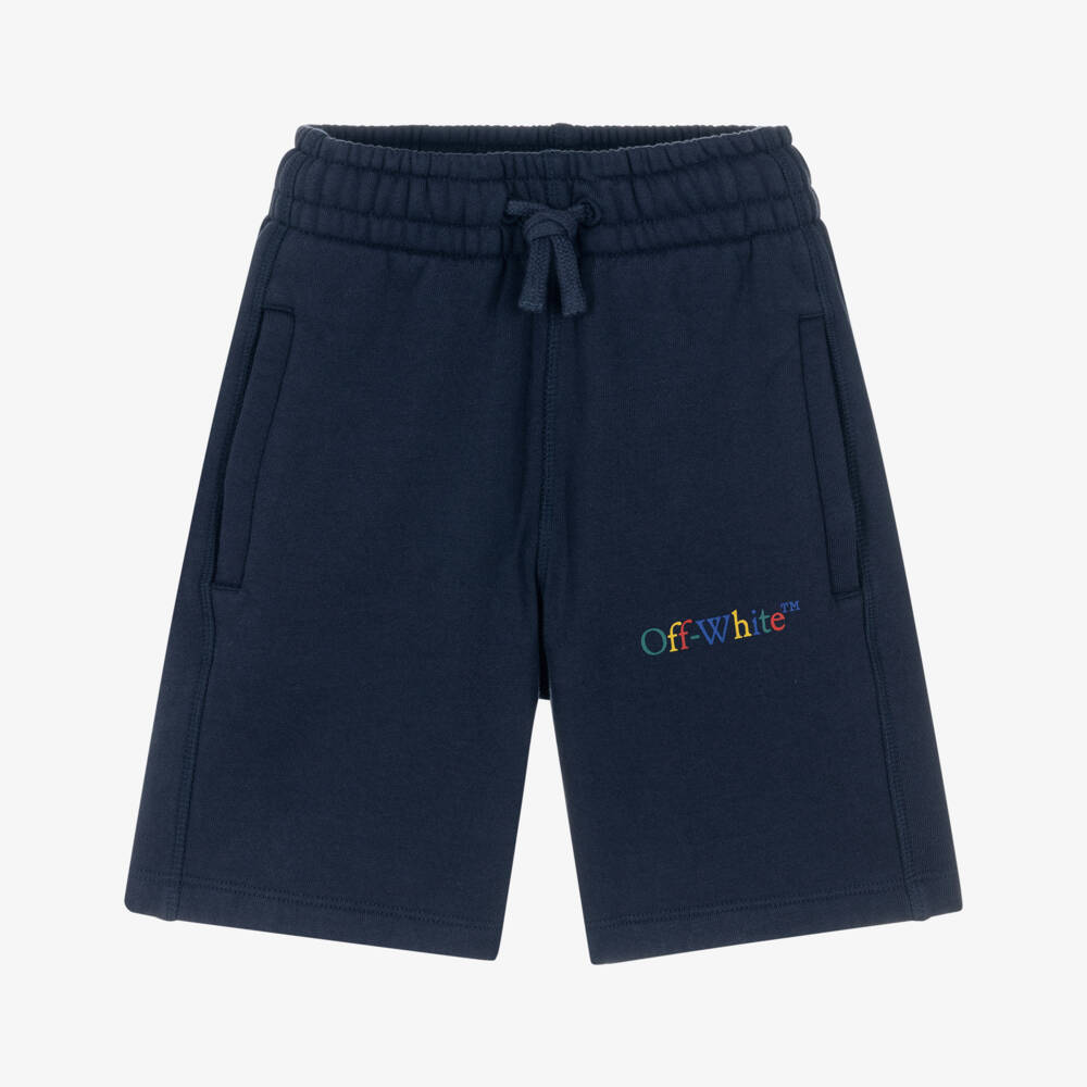 Off-White-Boys Navy Blue Cotton Jersey Shorts with Bookish Logo | Childrensalon Outlet