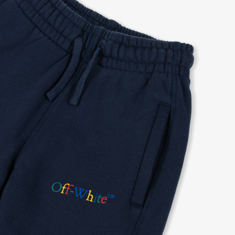 Off-White-Boys Navy Blue Cotton Jersey Shorts with Bookish Logo | Childrensalon Outlet