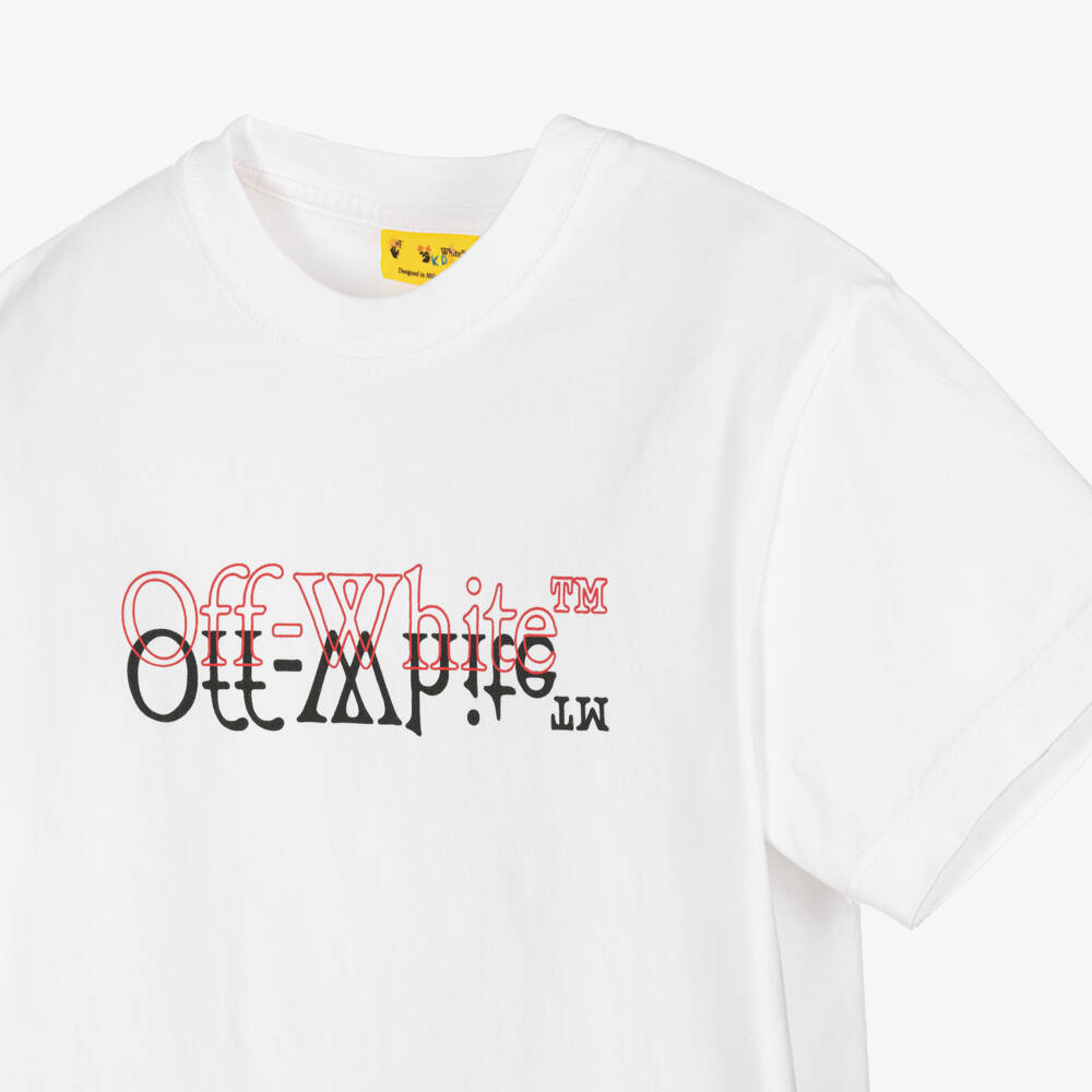 Off-White-Boys White Cotton T-Shirt with Mirrored Bookish Logo | Childrensalon Outlet