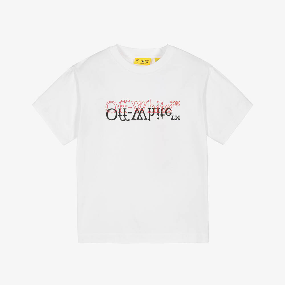 Off-White-Boys White Cotton T-Shirt with Mirrored Bookish Logo | Childrensalon Outlet