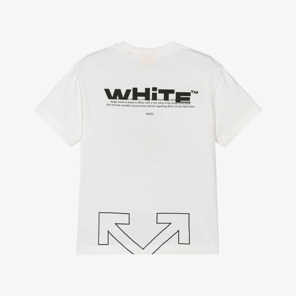 Off-White-Boys White Cotton T-Shirt with Wraparound Text Logo | Childrensalon Outlet