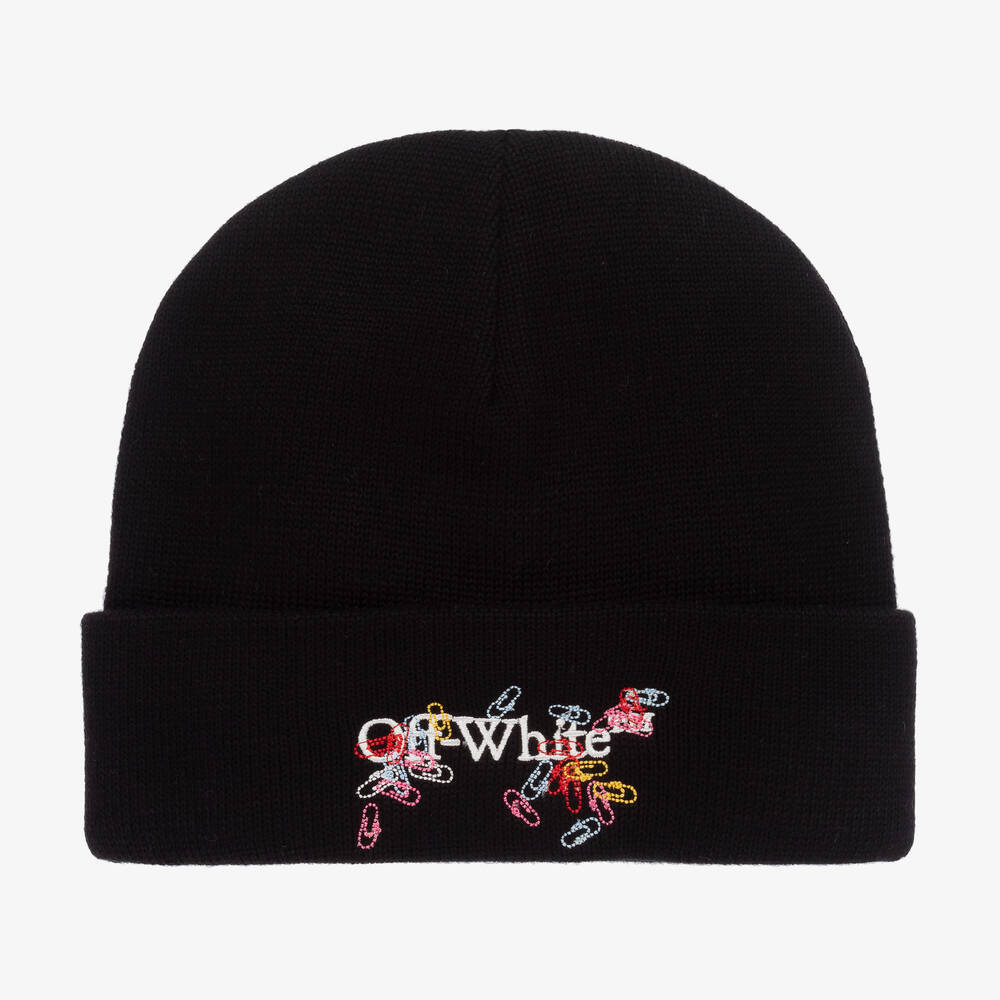 Off-White - Girls Black Cotton Paper Clip Beanie Hat | Childrensalon