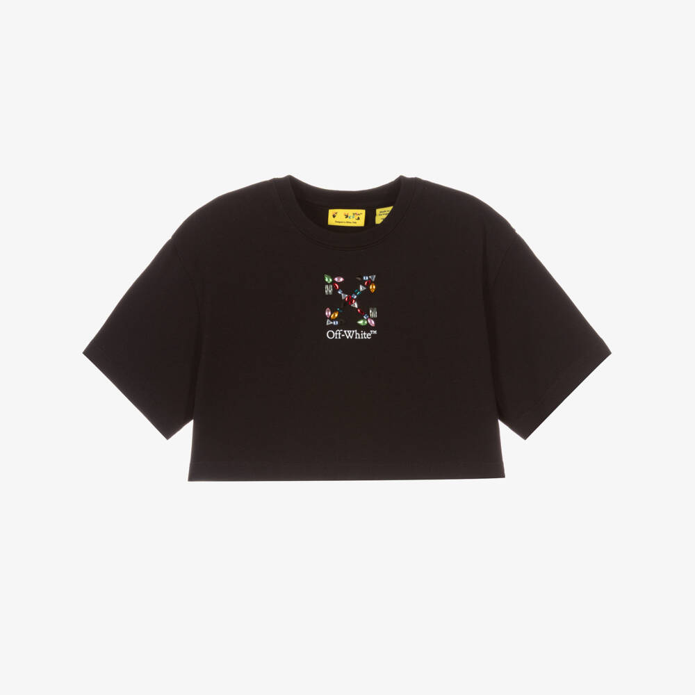 Off-White-Girls Black Cotton Rhinestone Arrow T-Shirt | Childrensalon Outlet