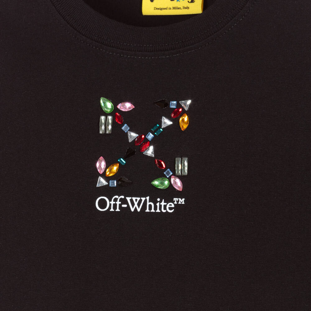 Off-White-Girls Black Cotton Rhinestone Arrow T-Shirt | Childrensalon Outlet