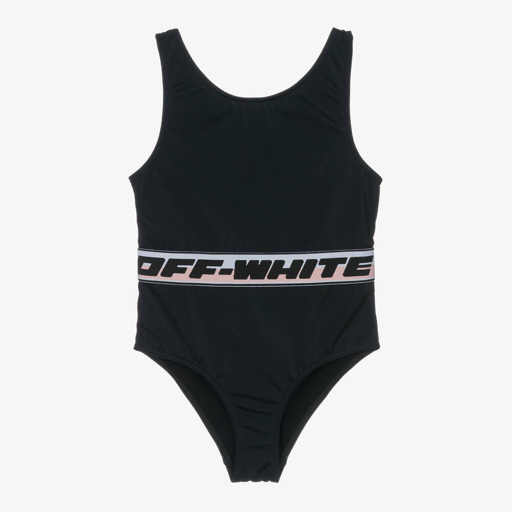 Off-White - Girls Black Industrial Logo Swimsuit | Childrensalon
