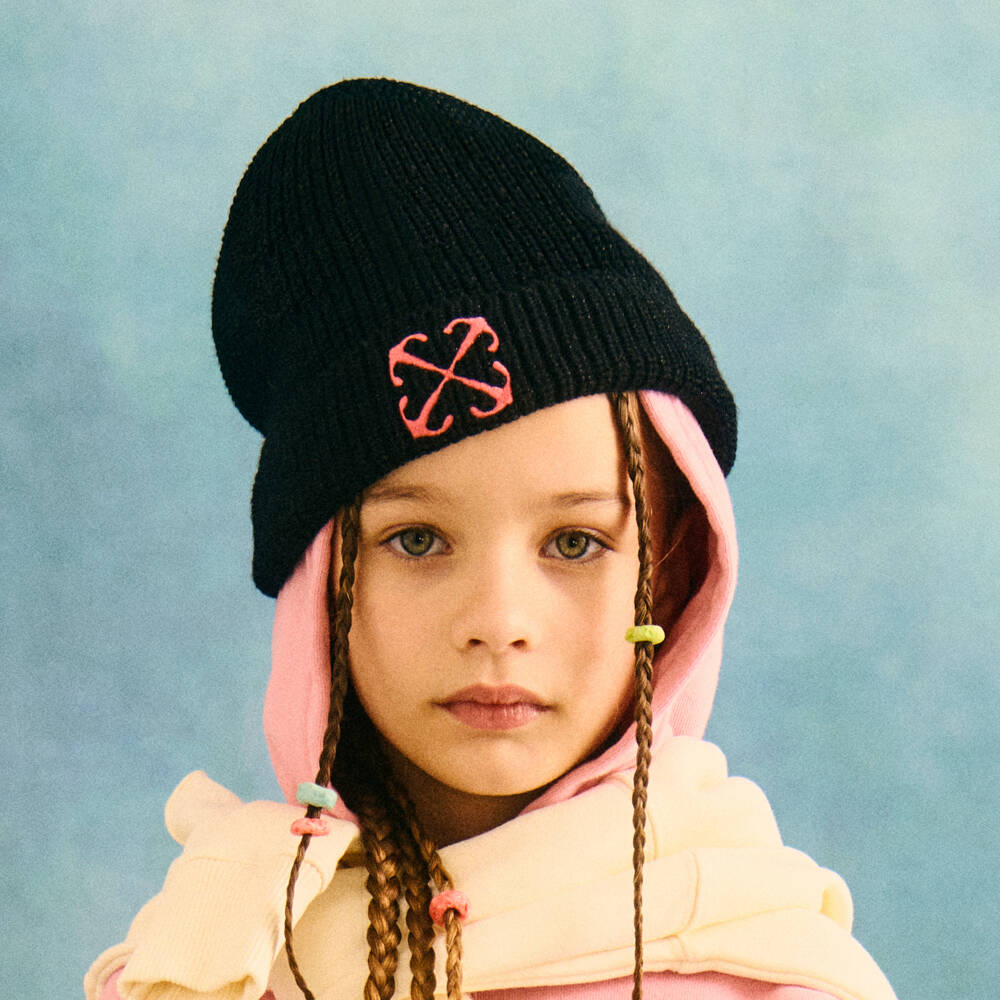 Off-White-Girls Black Knitted Logo Beanie | Childrensalon Outlet