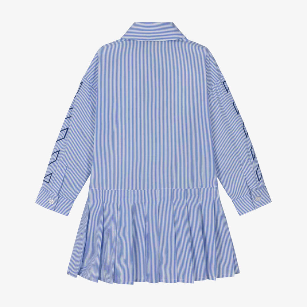 Off-White-Girls Blue Cotton Stripe Shirt Dress with Diagonal Logo Sleeves | Childrensalon Outlet