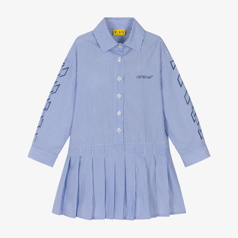 Off-White-Girls Blue Cotton Stripe Shirt Dress with Diagonal Logo Sleeves | Childrensalon Outlet