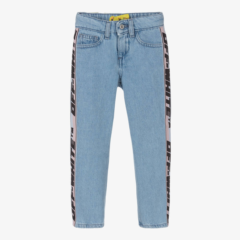 Off-White - Girls Blue Denim Industrial Logo Jeans | Childrensalon