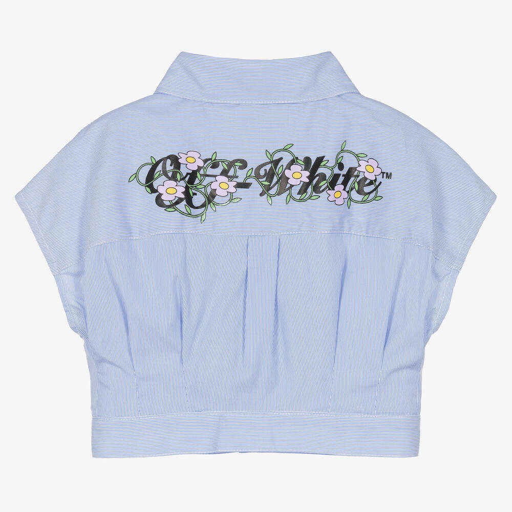 Off-White - Girls Blue Stripe Floral Logo Crop Shirt